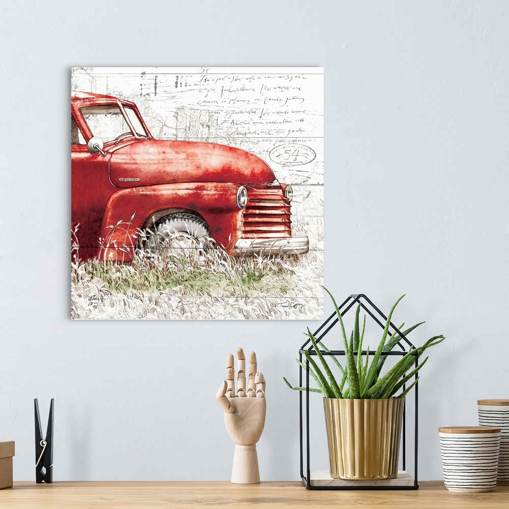 A bohemian room featuring The icon red truck is given a rustic sophistication!