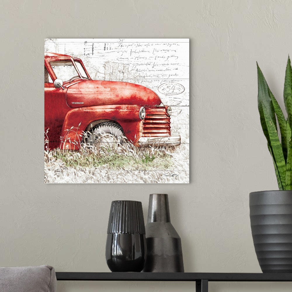 A modern room featuring The icon red truck is given a rustic sophistication!