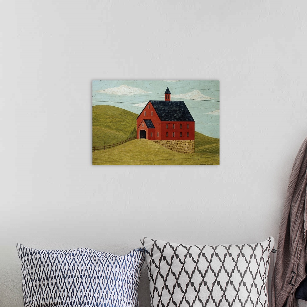 A bohemian room featuring Simplistic drawing of a red barn built up on a stone foundation nestled in the rolling green coun...