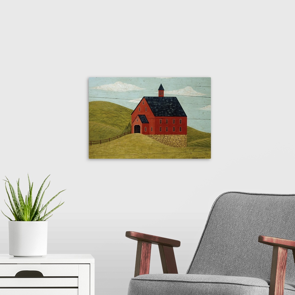 A modern room featuring Simplistic drawing of a red barn built up on a stone foundation nestled in the rolling green coun...