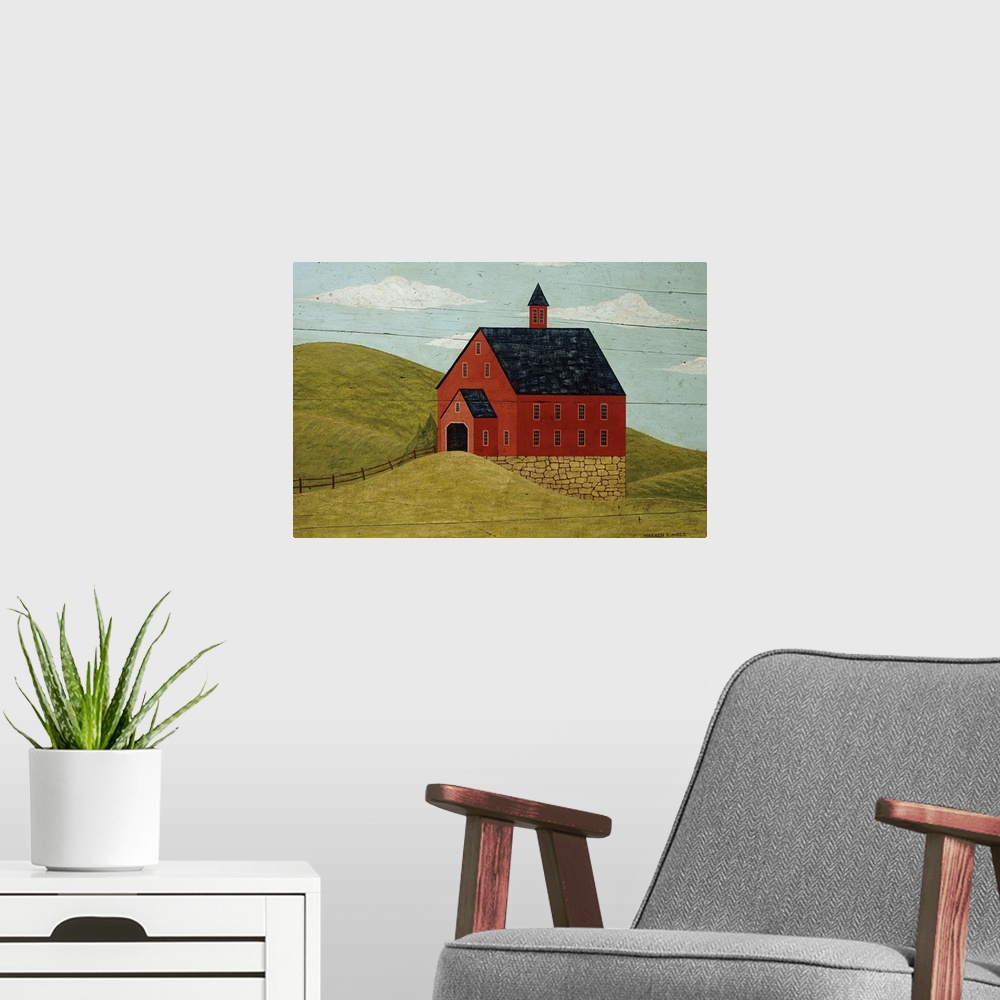 A modern room featuring Simplistic drawing of a red barn built up on a stone foundation nestled in the rolling green coun...
