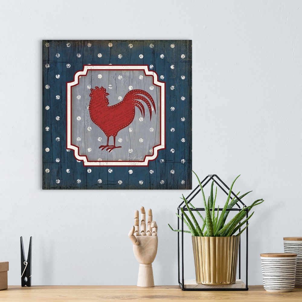 A bohemian room featuring An Americana themed artwork featuring a rooster on a polka dot background.