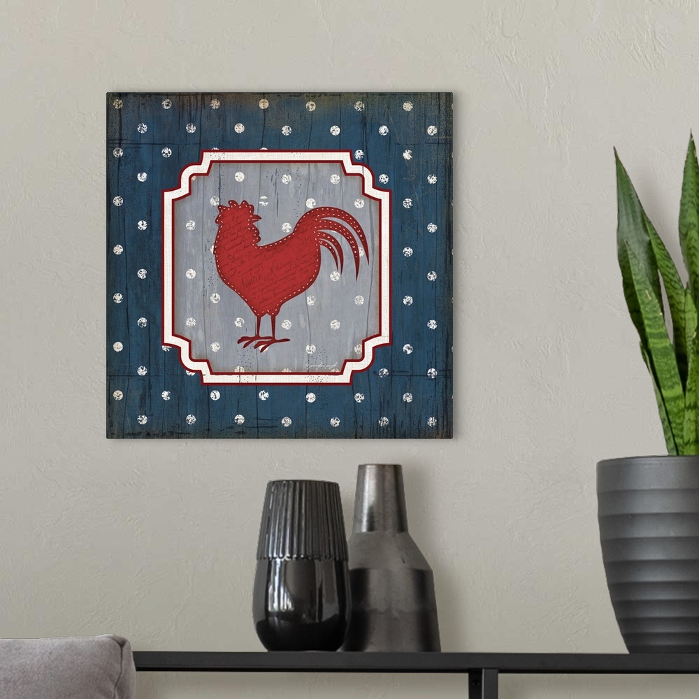 A modern room featuring An Americana themed artwork featuring a rooster on a polka dot background.