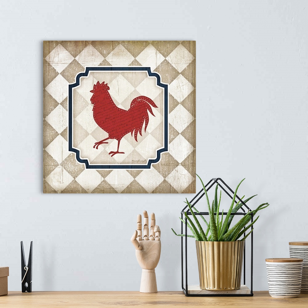 A bohemian room featuring An Americana themed artwork featuring a rooster on a checkered background.