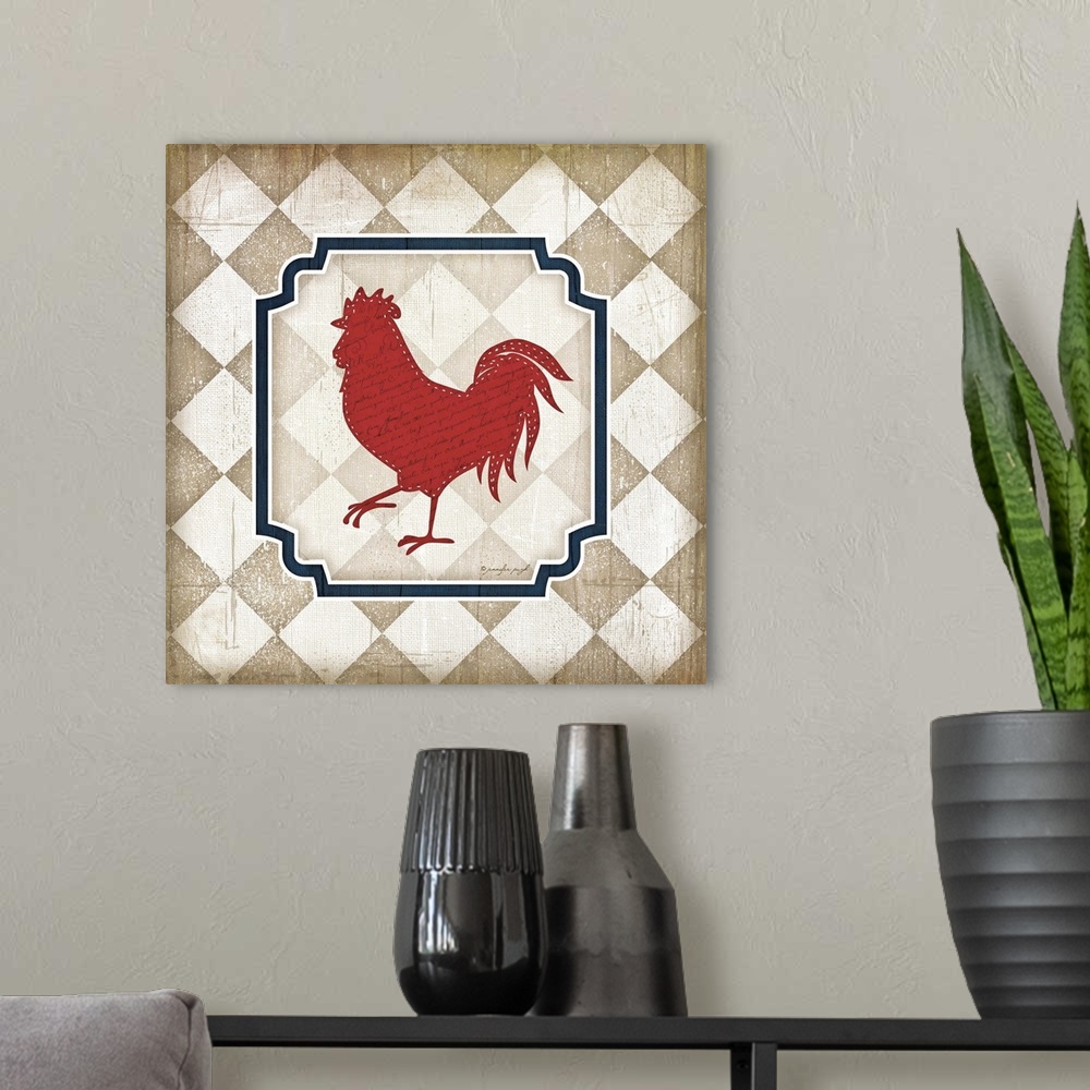 A modern room featuring An Americana themed artwork featuring a rooster on a checkered background.
