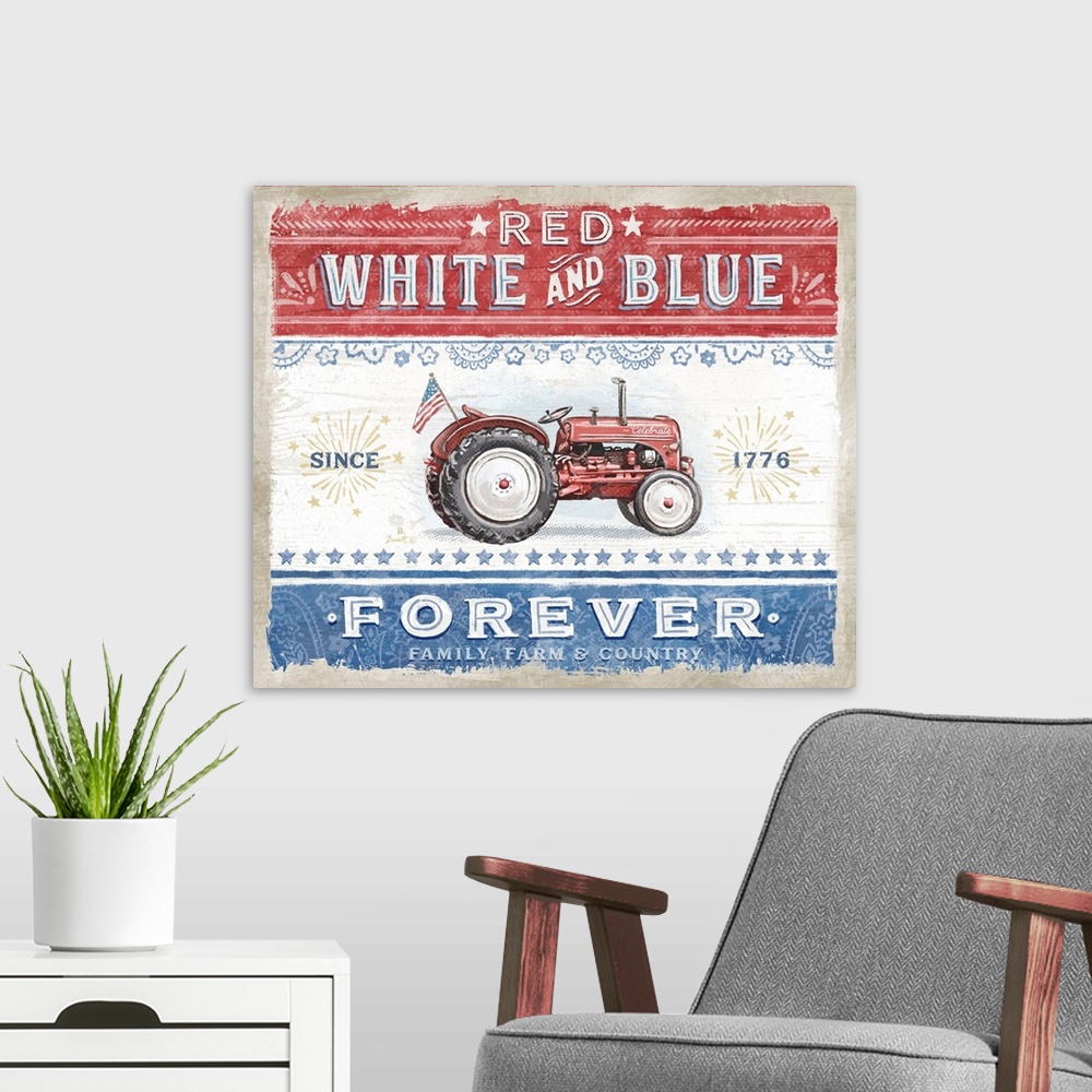 A modern room featuring Vintage farmhouse signage of a vintage tractor evokes a classic country style