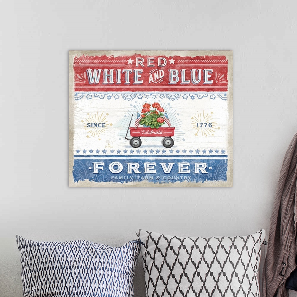 A bohemian room featuring Vintage farmhouse signage of a nostalgic wagon evokes a gentle country style