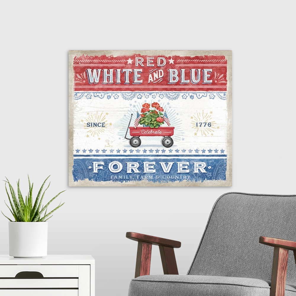 A modern room featuring Vintage farmhouse signage of a nostalgic wagon evokes a gentle country style