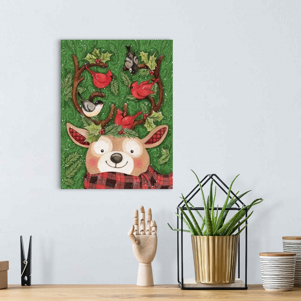 A bohemian room featuring Whimsical Reindeer with his cardinal friends capture the fun of the holiday!