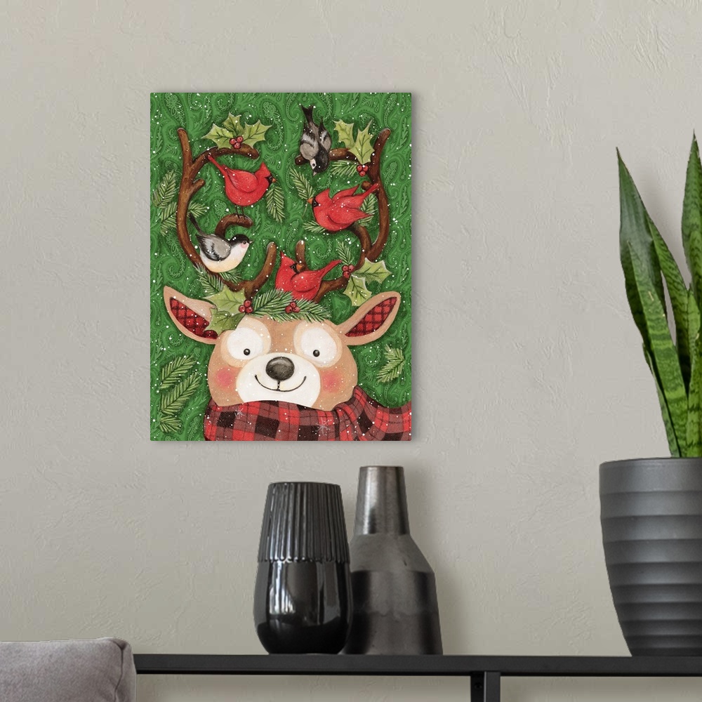 A modern room featuring Whimsical Reindeer with his cardinal friends capture the fun of the holiday!