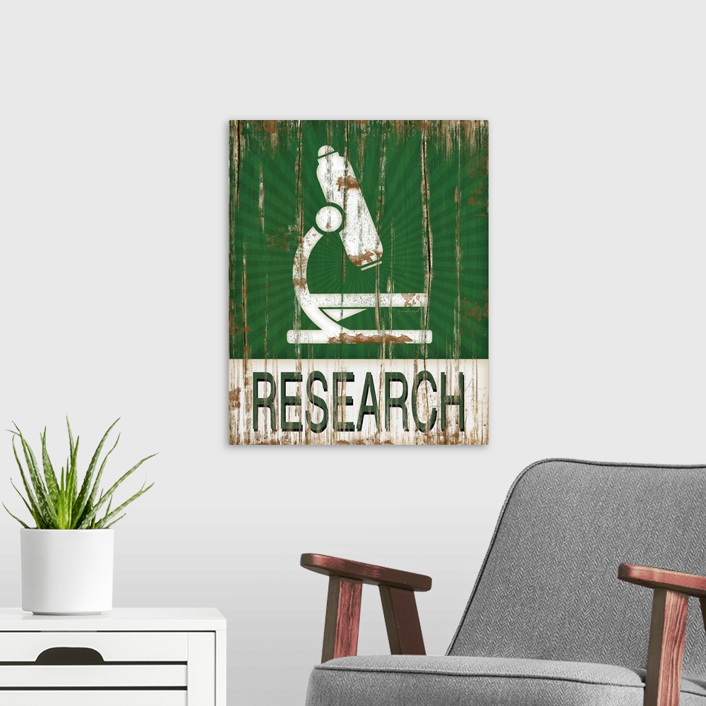 A modern room featuring This distressed decor features a microscope with the word, "Research" underneath.