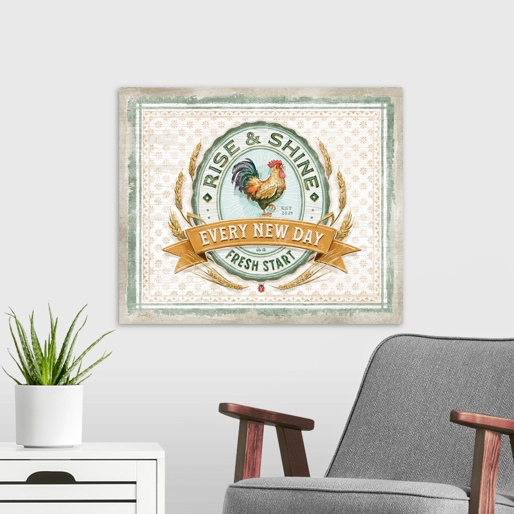 A modern room featuring Vintage farmhouse signage of the proud rooster evokes a sophisticated country style