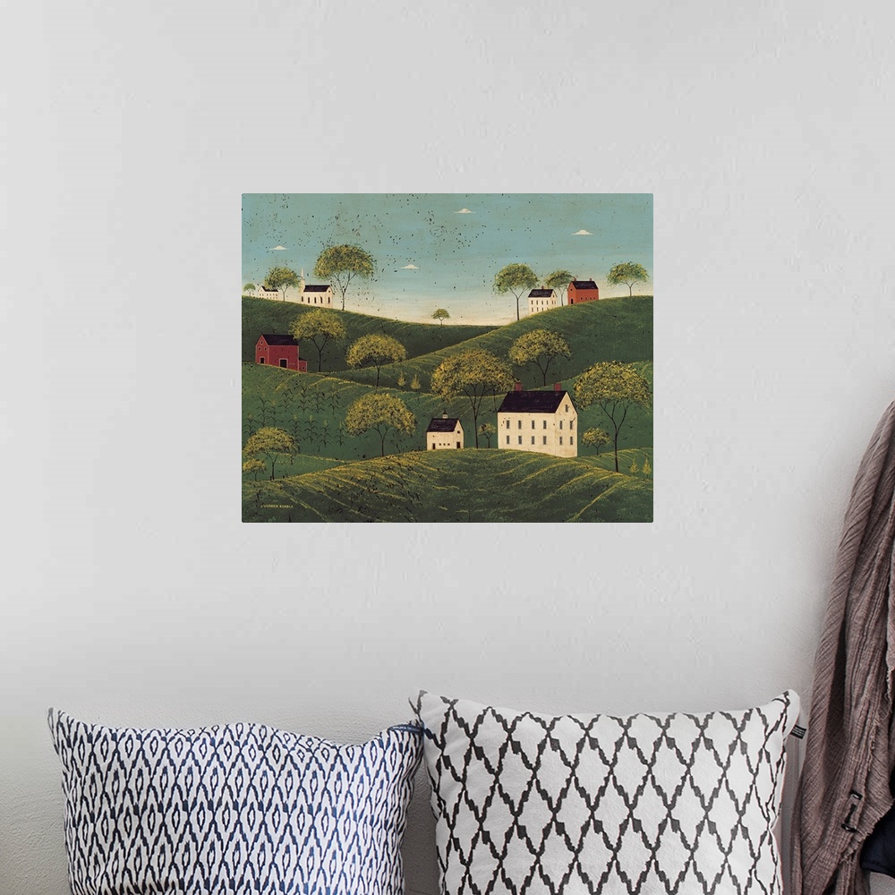 A bohemian room featuring This rustic folk art painting shows Georgian Colonial farmhouses perched on hilltops in the middl...