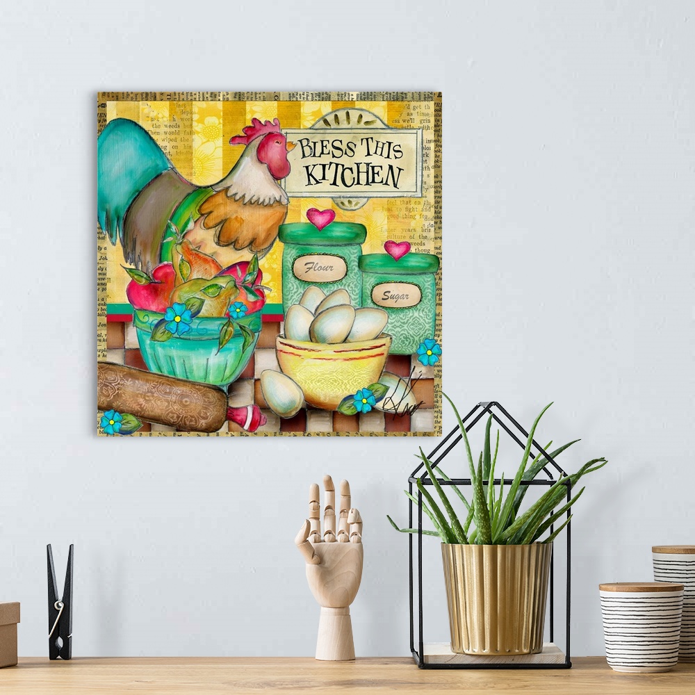 A bohemian room featuring This rooster vignette is perfect for your kitchen deco.