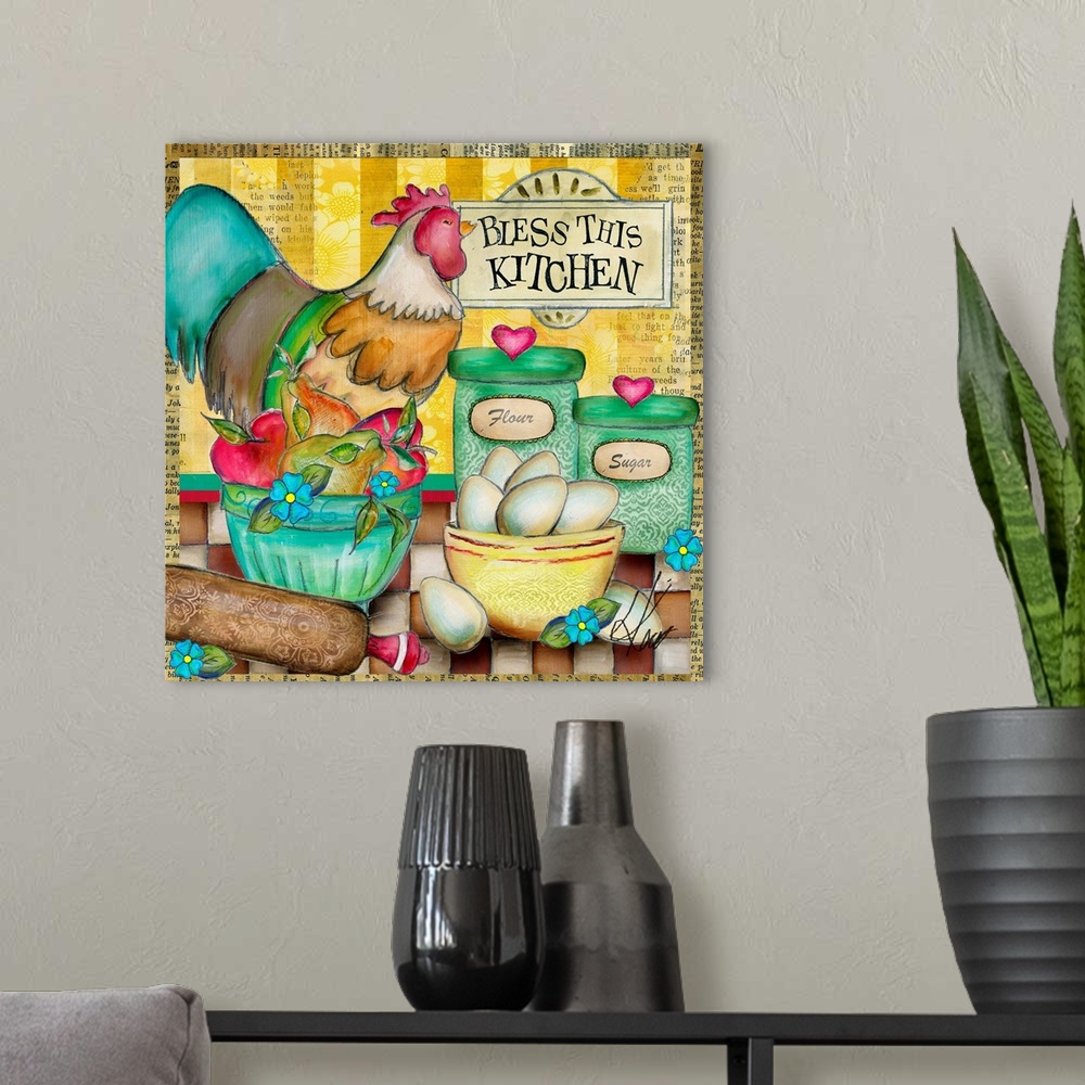 A modern room featuring This rooster vignette is perfect for your kitchen deco.