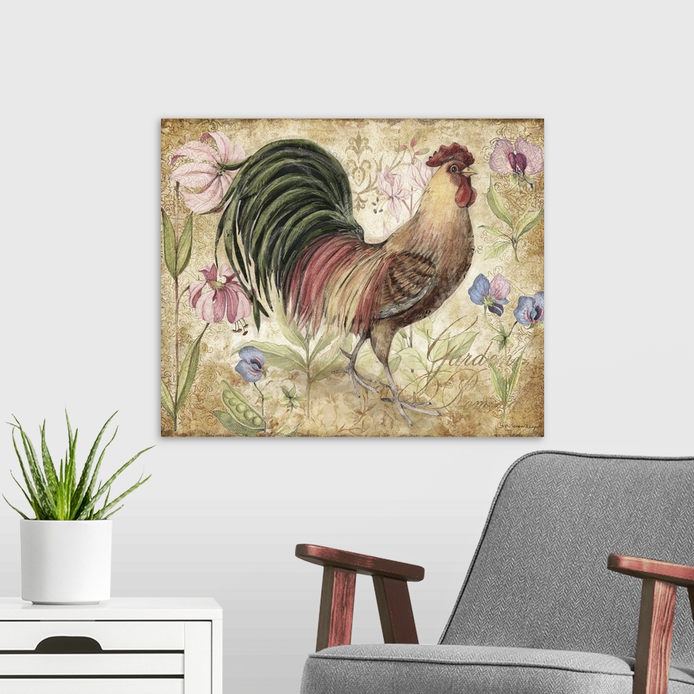 A modern room featuring This elegant Rooster image adds a stunning accent to your kitchen or dining room.