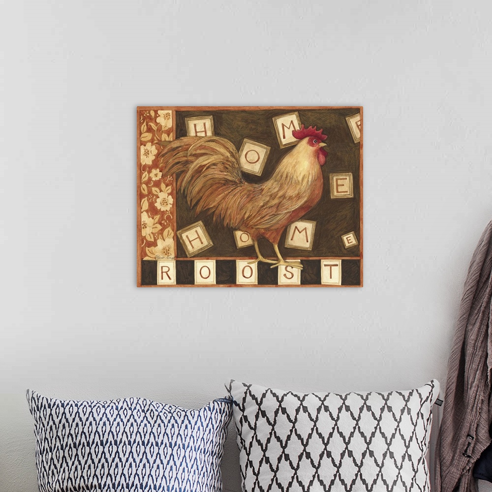 A bohemian room featuring Roosters inspired by word tiles adds playful, homey touch to your decor