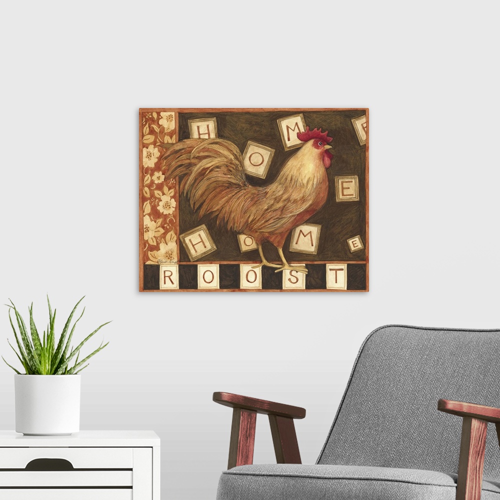 A modern room featuring Roosters inspired by word tiles adds playful, homey touch to your decor