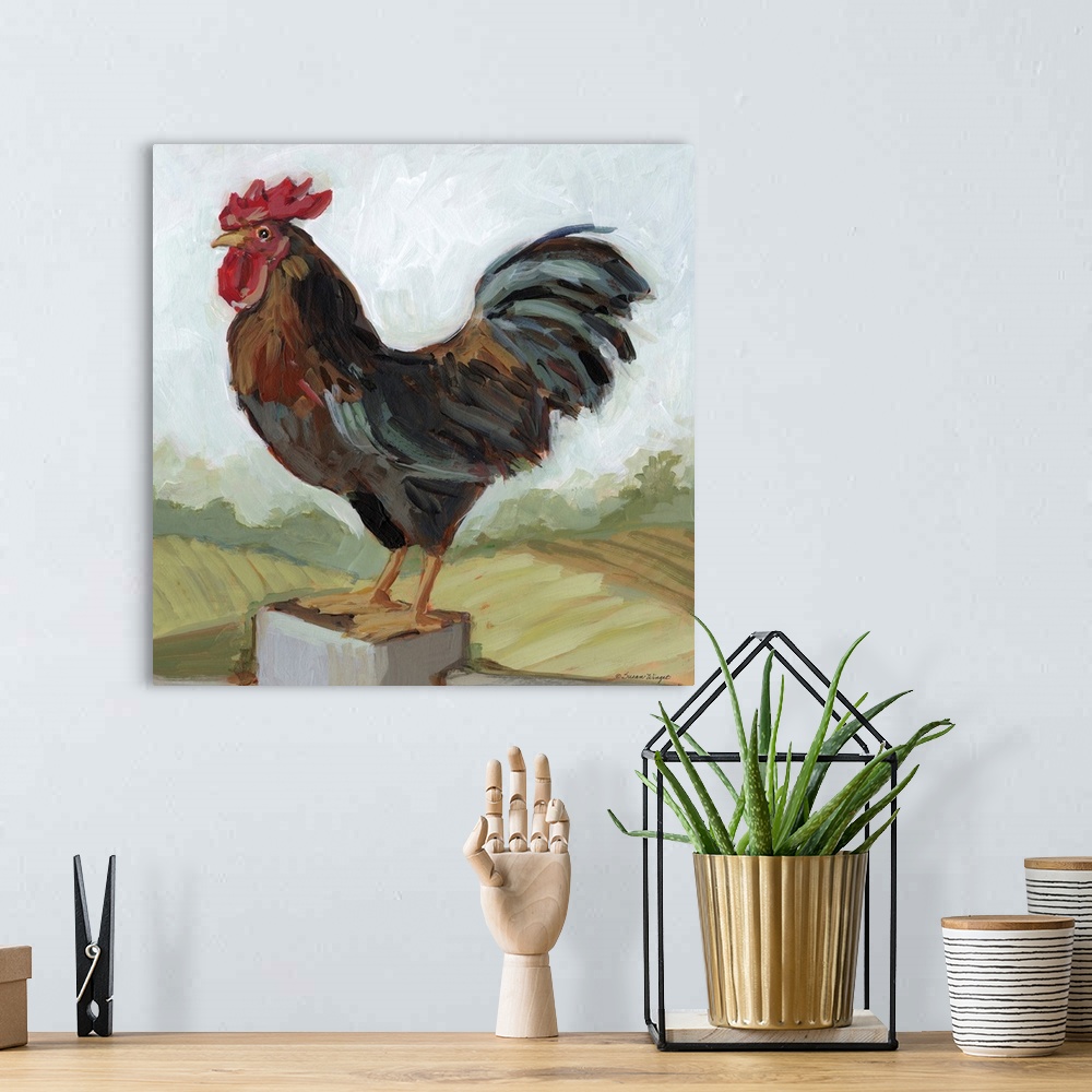 A bohemian room featuring A proud rooster watches froim his fence post!