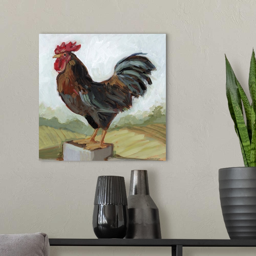 A modern room featuring A proud rooster watches froim his fence post!