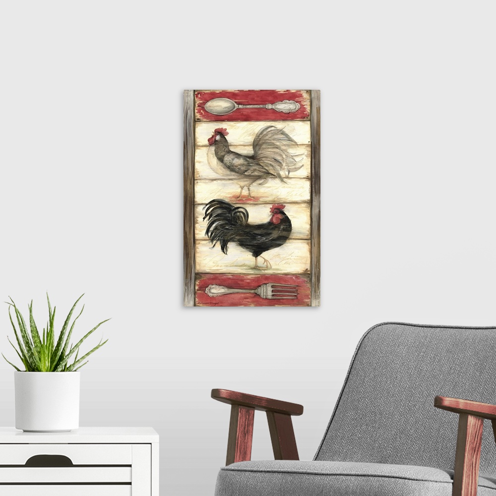 A modern room featuring Sophisticated country rooster on wood backdrop with utensil motifs for cutting edge statement.