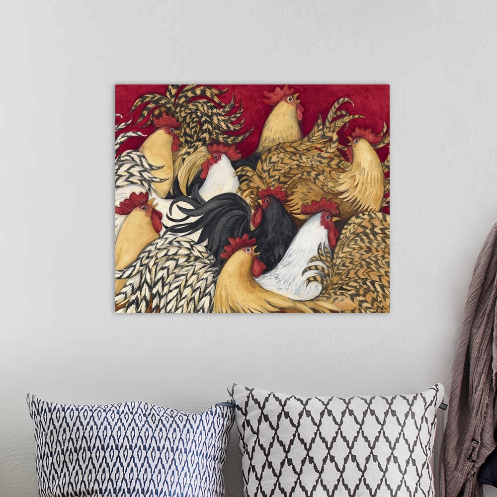 A bohemian room featuring Colorful, intricate rooster imagery with rich palette great for kitchen, dining room, home decor.