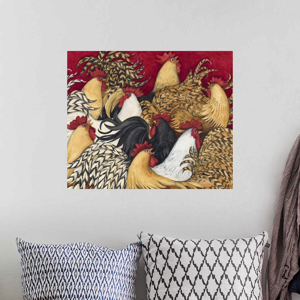 A bohemian room featuring Colorful, intricate rooster imagery with rich palette great for kitchen, dining room, home decor.