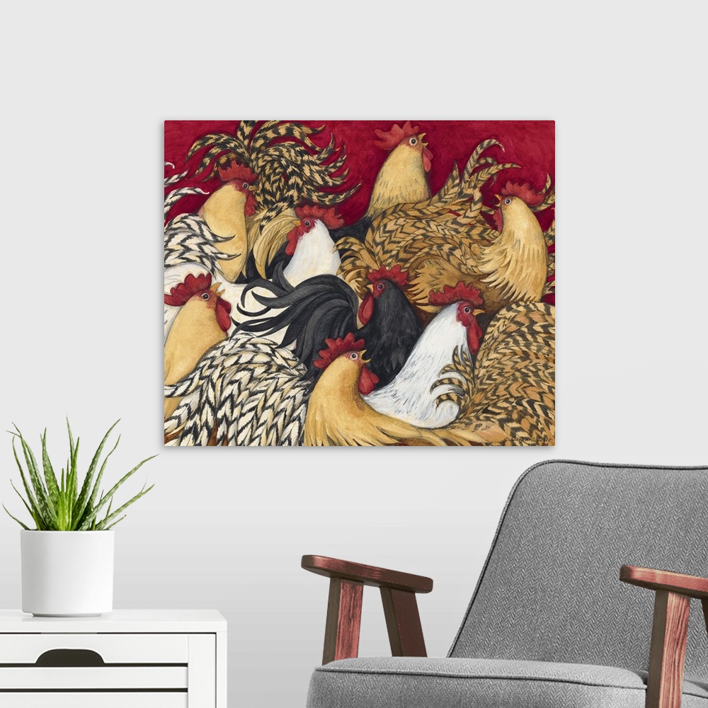 A modern room featuring Colorful, intricate rooster imagery with rich palette great for kitchen, dining room, home decor.