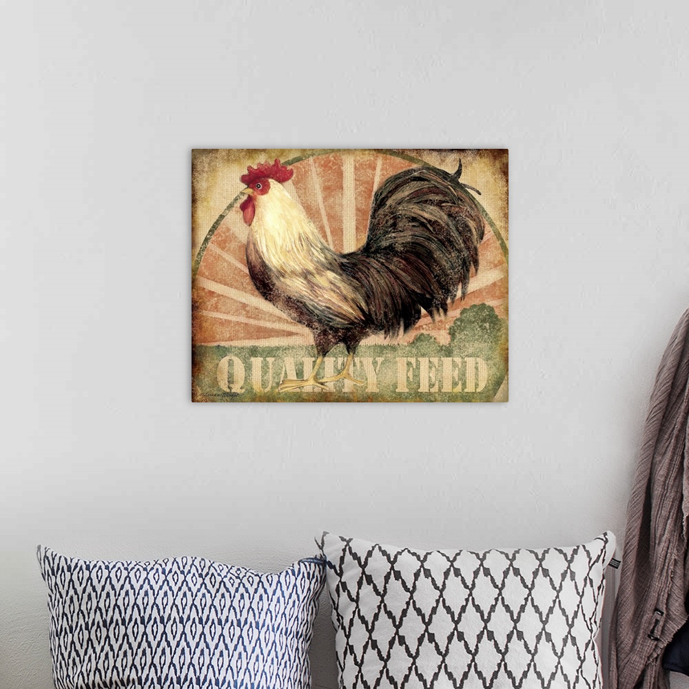 A bohemian room featuring Sophisticated country rooster on burlap seed bag treatment