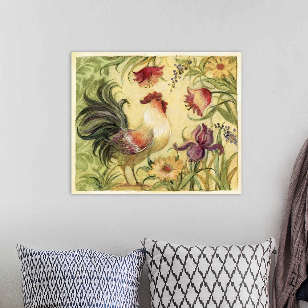 A bohemian room featuring Rooster framed in flowing floral trail works in any home decor statement