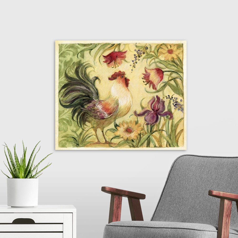 A modern room featuring Rooster framed in flowing floral trail works in any home decor statement