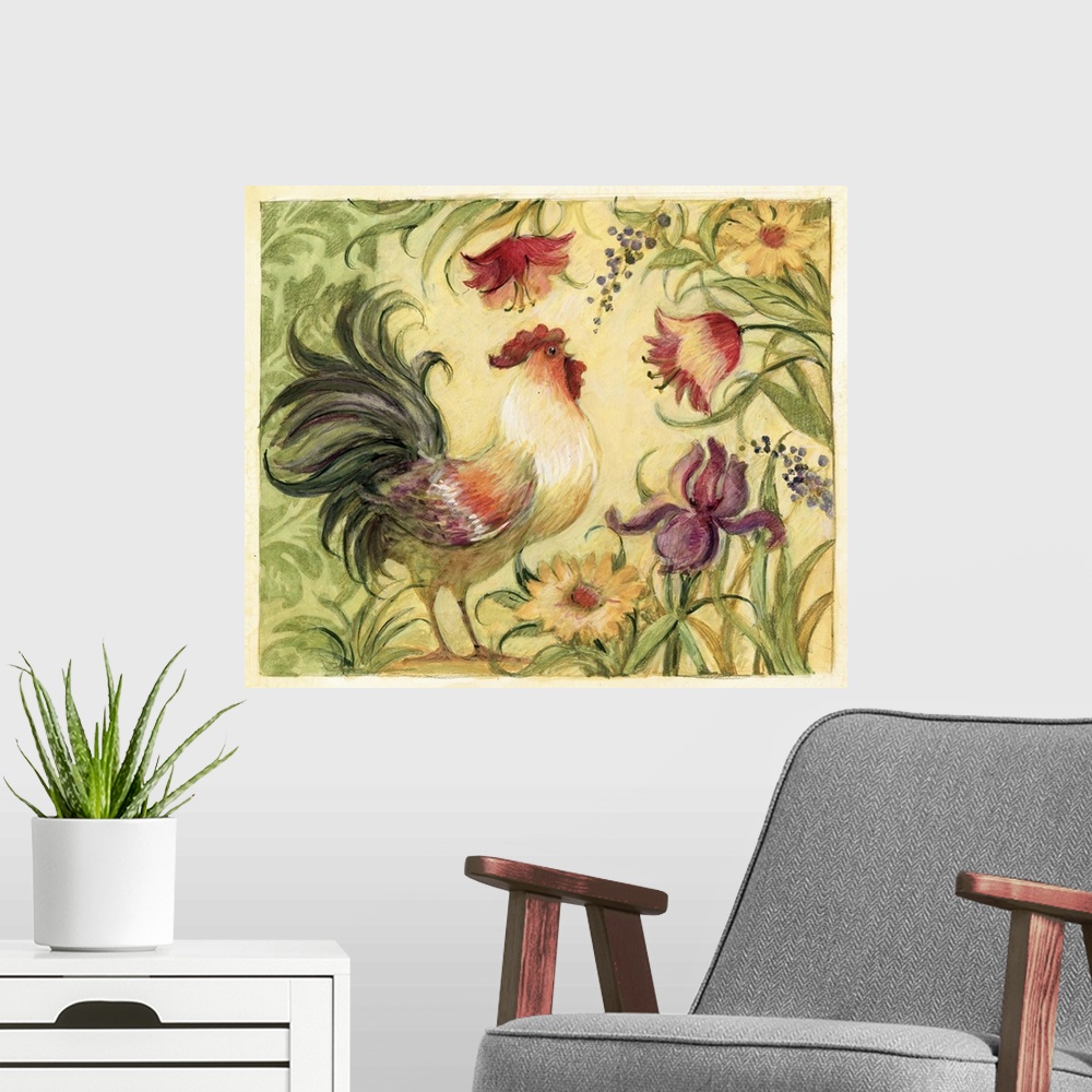 A modern room featuring Rooster framed in flowing floral trail works in any home decor statement