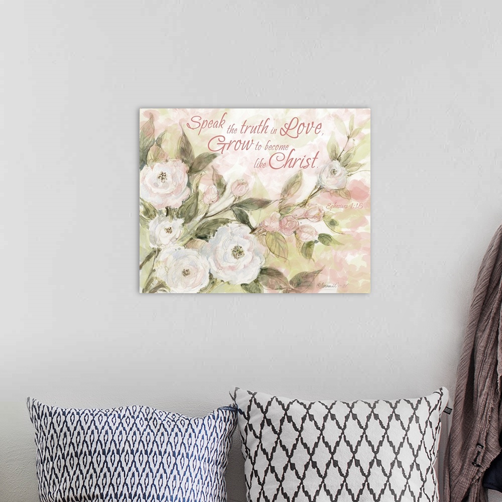 A bohemian room featuring Lovely floral art with inspirational message from scripture.