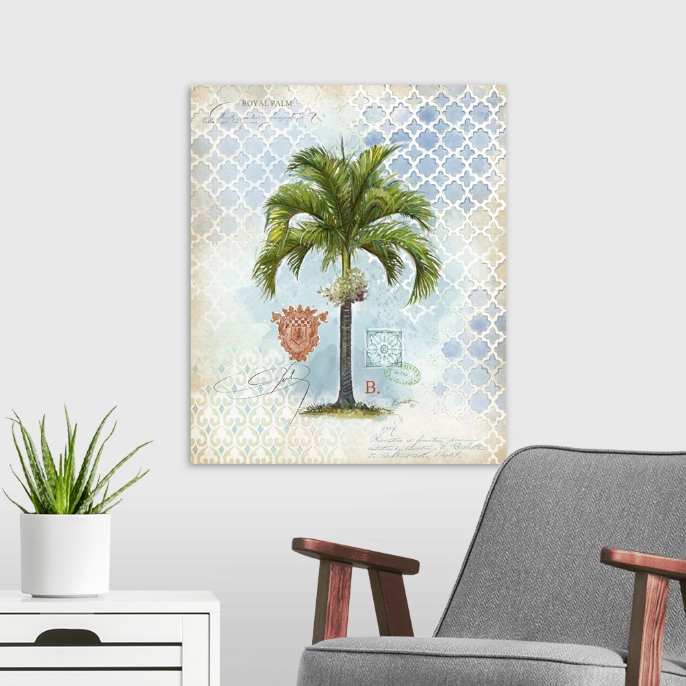 A modern room featuring Classic treatment of the lovely palm tree, fine art look for any decor style.