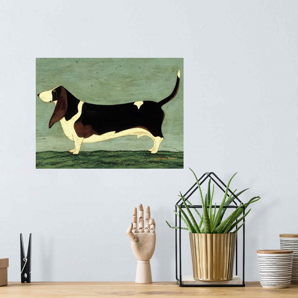 A bohemian room featuring This whimsical drawing is of a beagle dog standing on a patch of grass with the sky behind it tha...