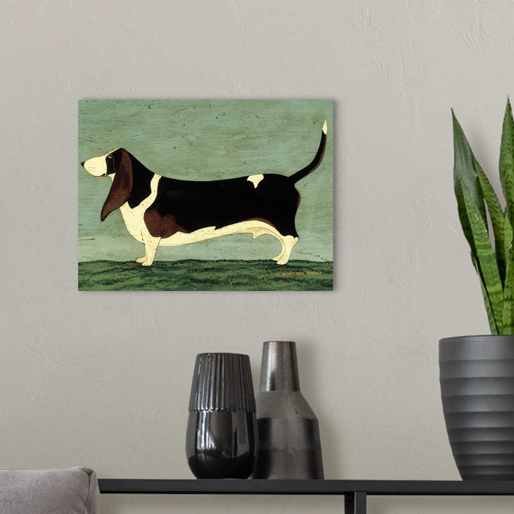 A modern room featuring This whimsical drawing is of a beagle dog standing on a patch of grass with the sky behind it tha...