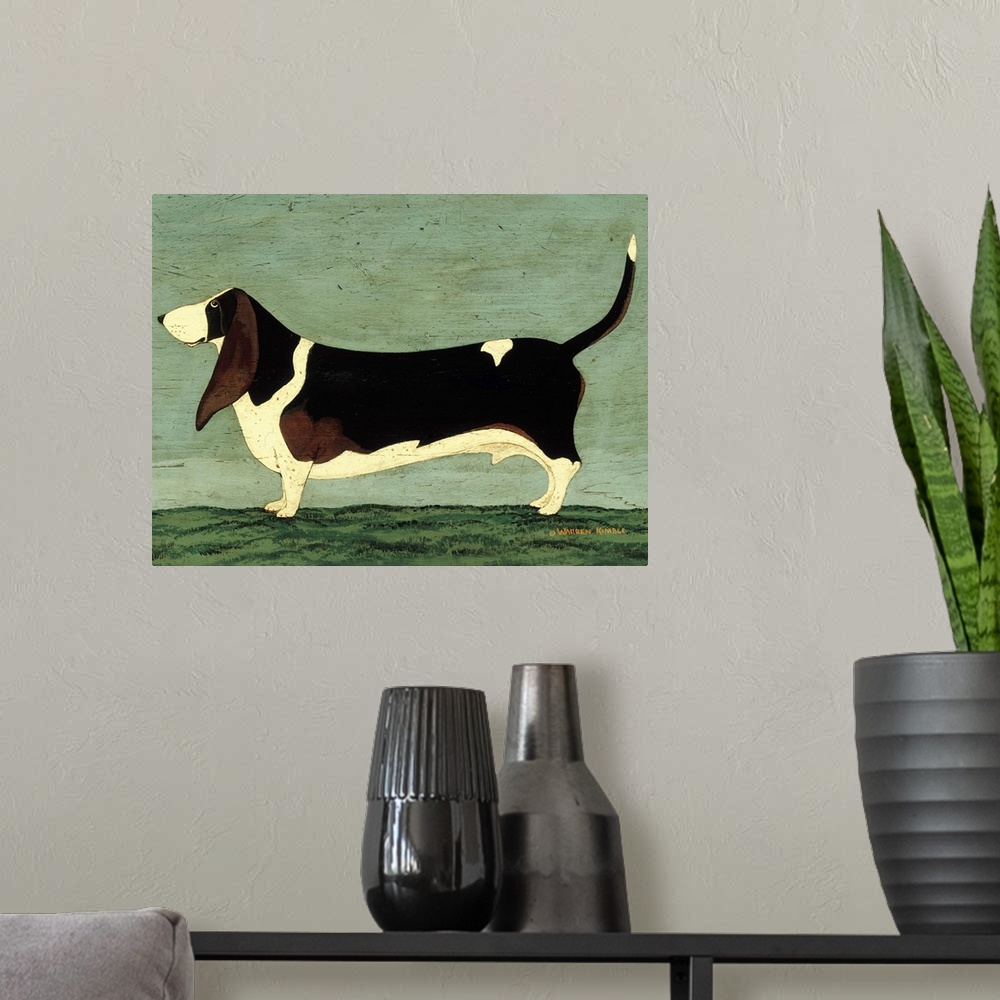 A modern room featuring This whimsical drawing is of a beagle dog standing on a patch of grass with the sky behind it tha...