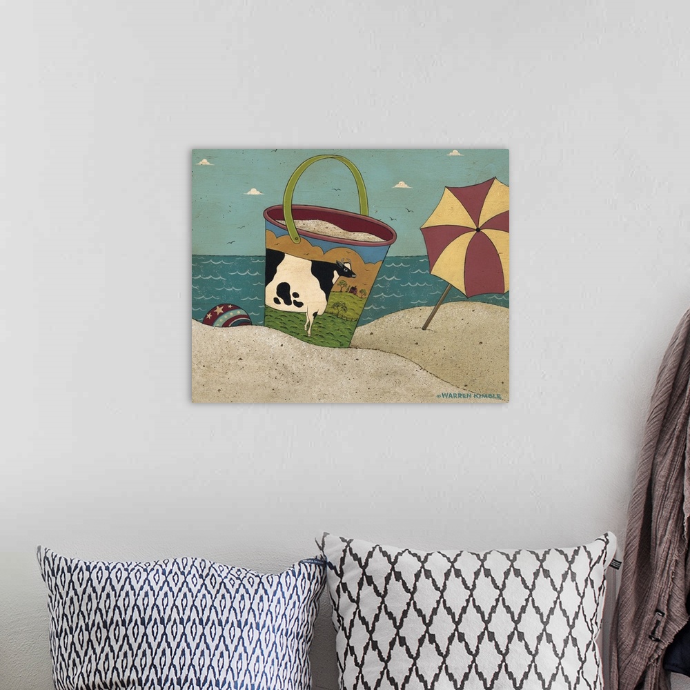 A bohemian room featuring Whimsical sandpail scene by renowned folk artist Warren Kimble