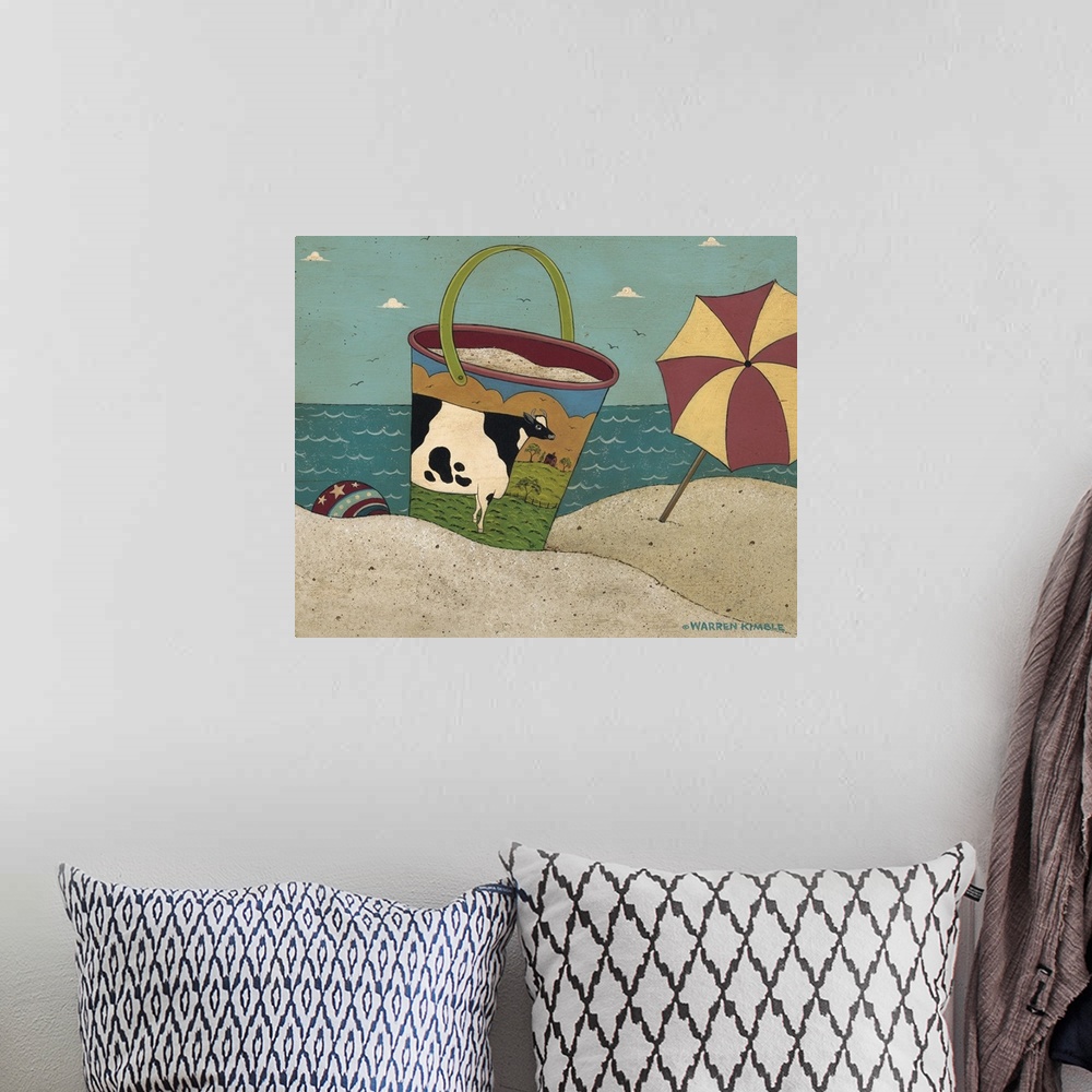 A bohemian room featuring Whimsical sandpail scene by renowned folk artist Warren Kimble