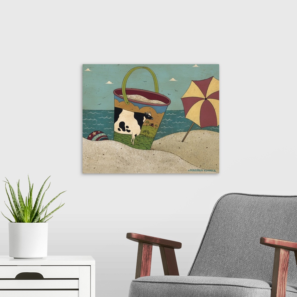 A modern room featuring Whimsical sandpail scene by renowned folk artist Warren Kimble