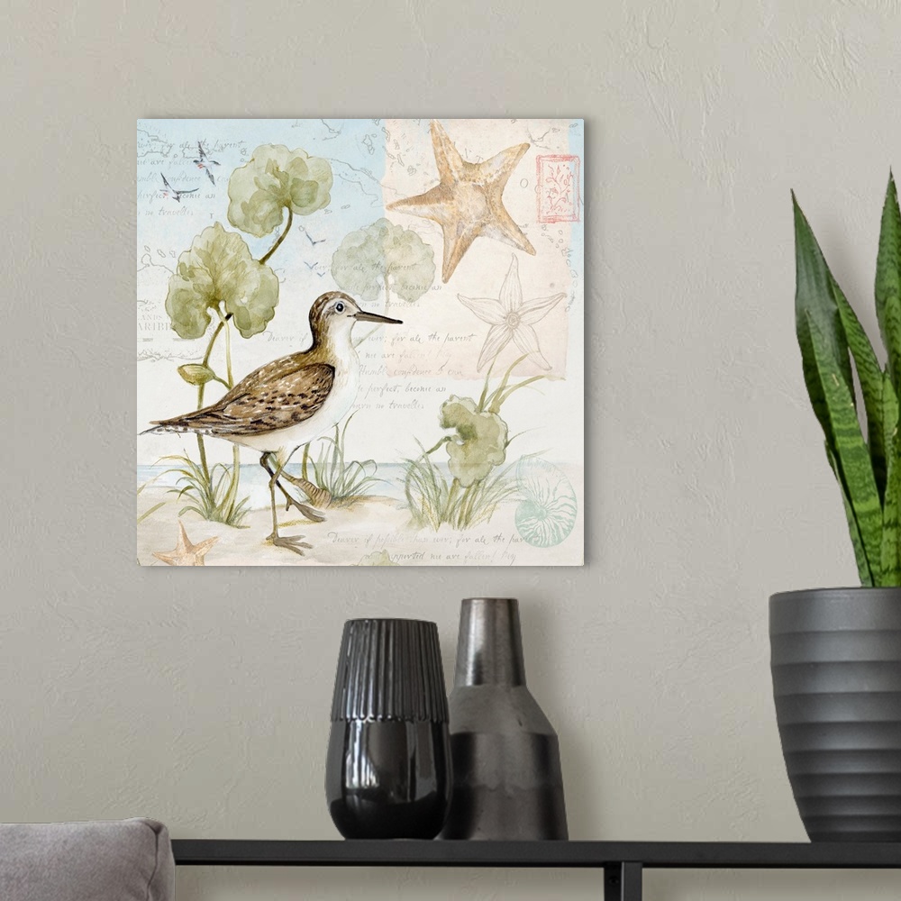 A modern room featuring Softly hued scene featuring the delicate sandpiper is a subtle and tasteful coastal statement.