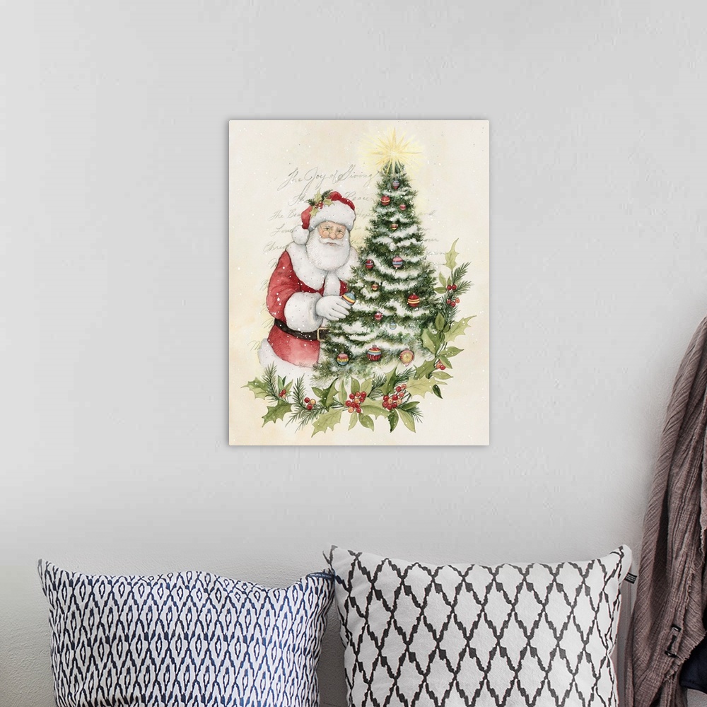 A bohemian room featuring A classic version of Santa evokes the holiday spirit