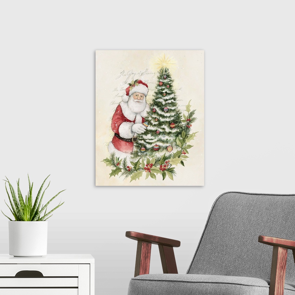 A modern room featuring A classic version of Santa evokes the holiday spirit