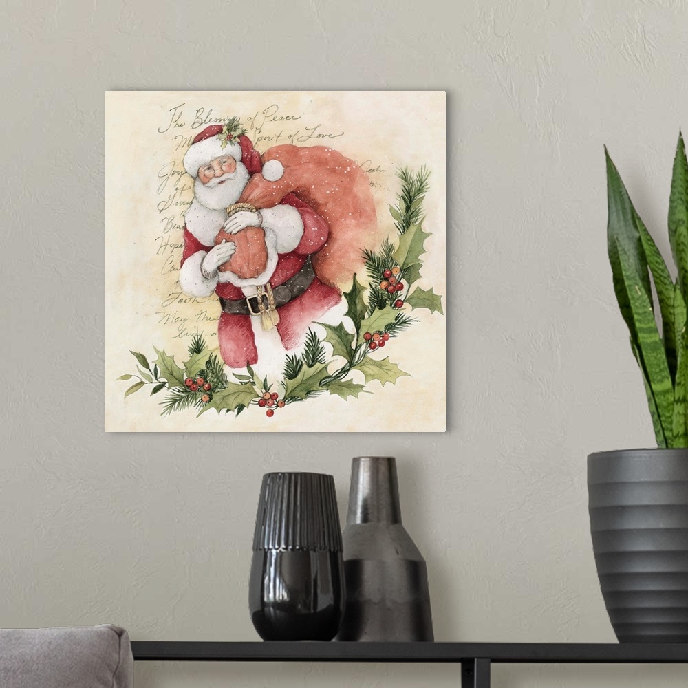 A modern room featuring A classic version of Santa evokes the holiday spirit