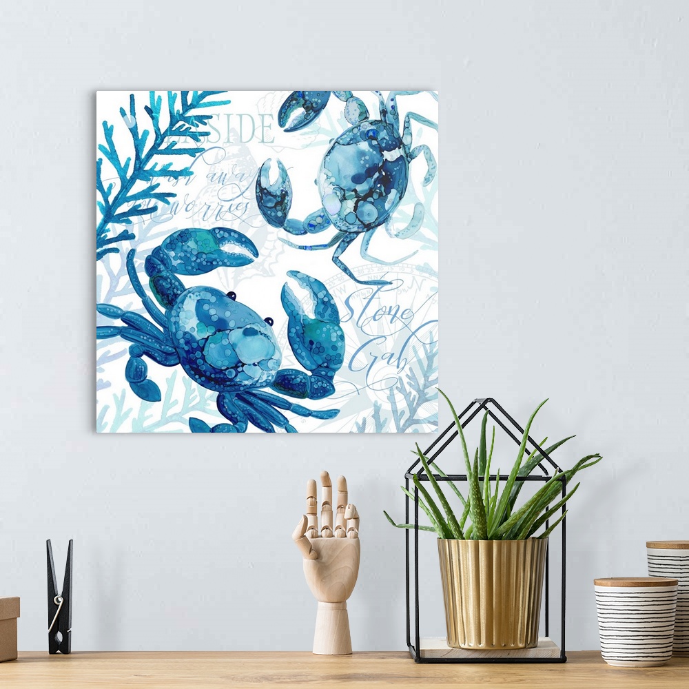 A bohemian room featuring The beauty of ocean life is on display with this blue-toned crab scene.