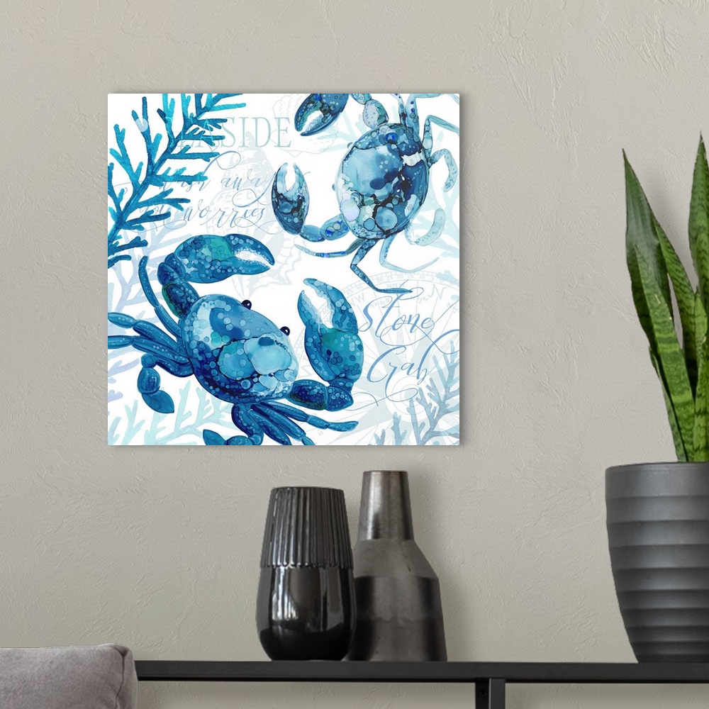 A modern room featuring The beauty of ocean life is on display with this blue-toned crab scene.