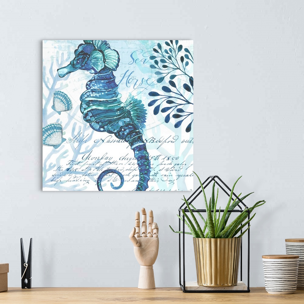 A bohemian room featuring The beauty of ocean life is on display with this blue-toned seahorse scene.