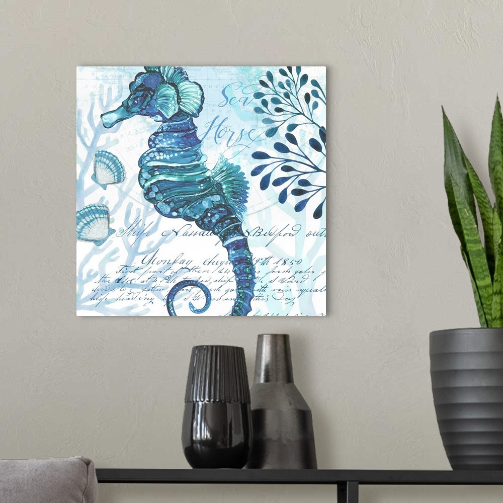 A modern room featuring The beauty of ocean life is on display with this blue-toned seahorse scene.