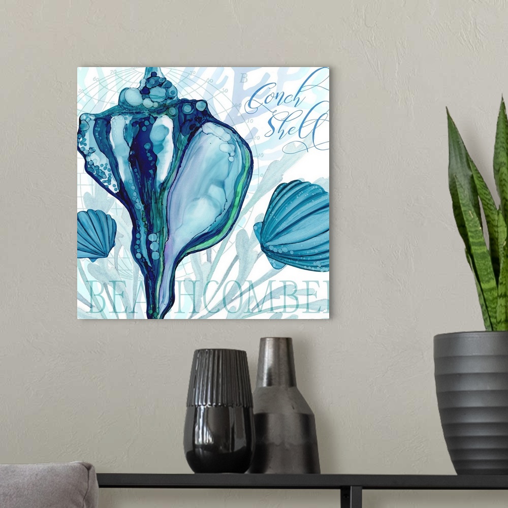 A modern room featuring The beauty of ocean life is on display with this blue-toned shell image.