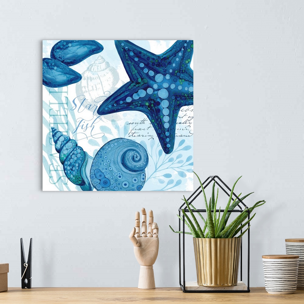 A bohemian room featuring The beauty of ocean life is on display with this blue-toned starfish scene.
